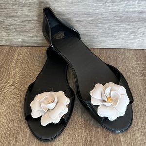 Mel By Melissa Black With White Flower Jelly Flat Shoes